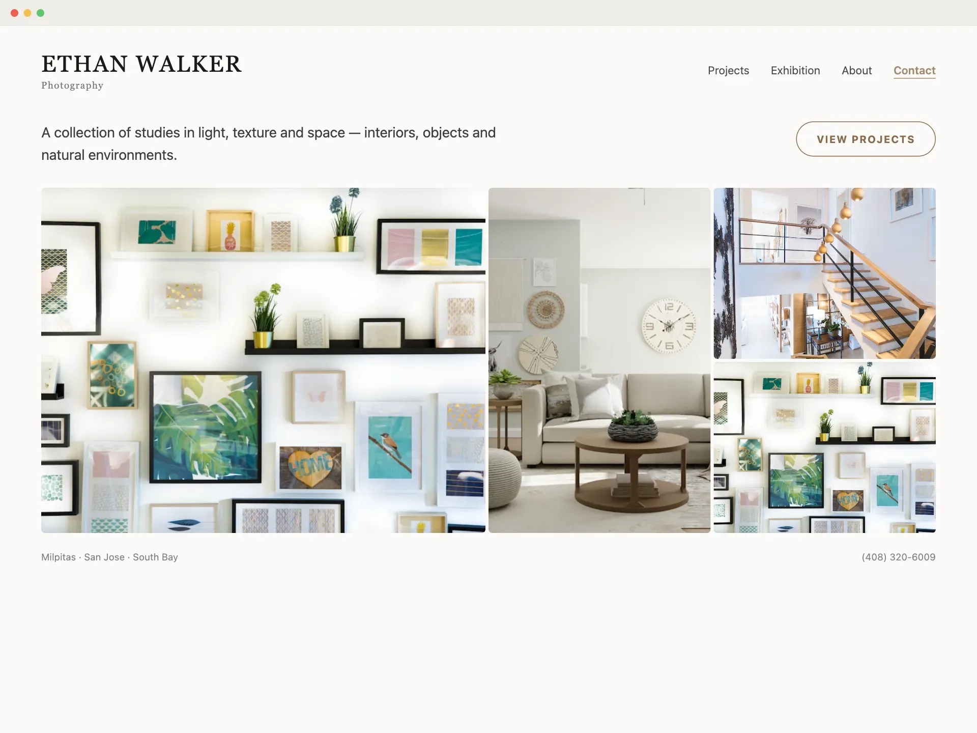 Example website design: Photography portfolio. Editorial layout, restrained palette.